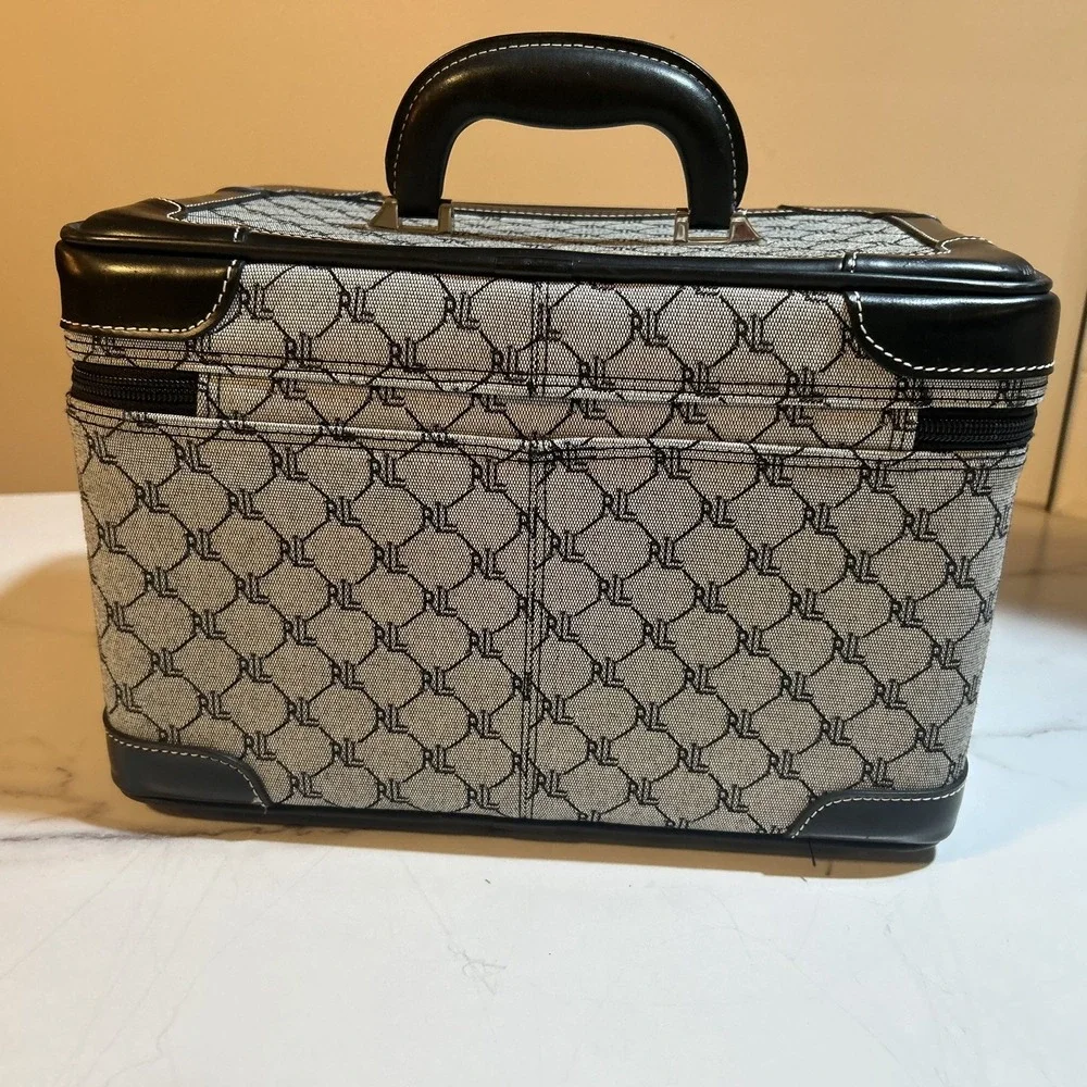 Ralph Lauren Signature Monogramed Gray Black Leather Trim Cosmetic Case